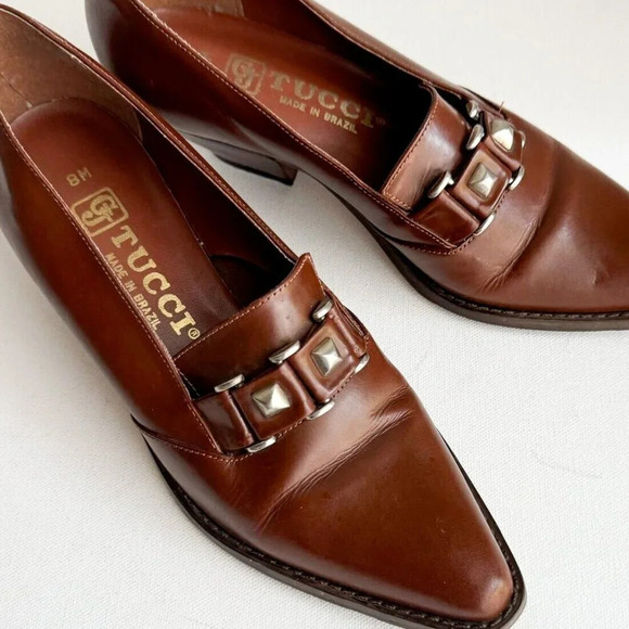 Vintage Leather Tucci Made in Italy Brown Unique Heel Loafers Shoeties 8 - Picture 1 of 15